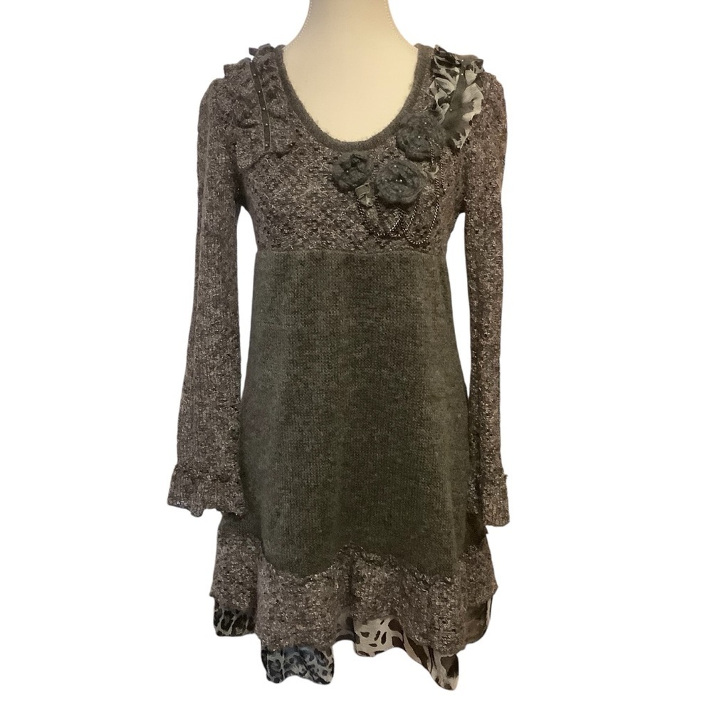 FORLA PARIS KNIT LONG SLEEVE ANIMAL PRINT/ FLORAL/ MIDI SWEATER DRESS/ Size M